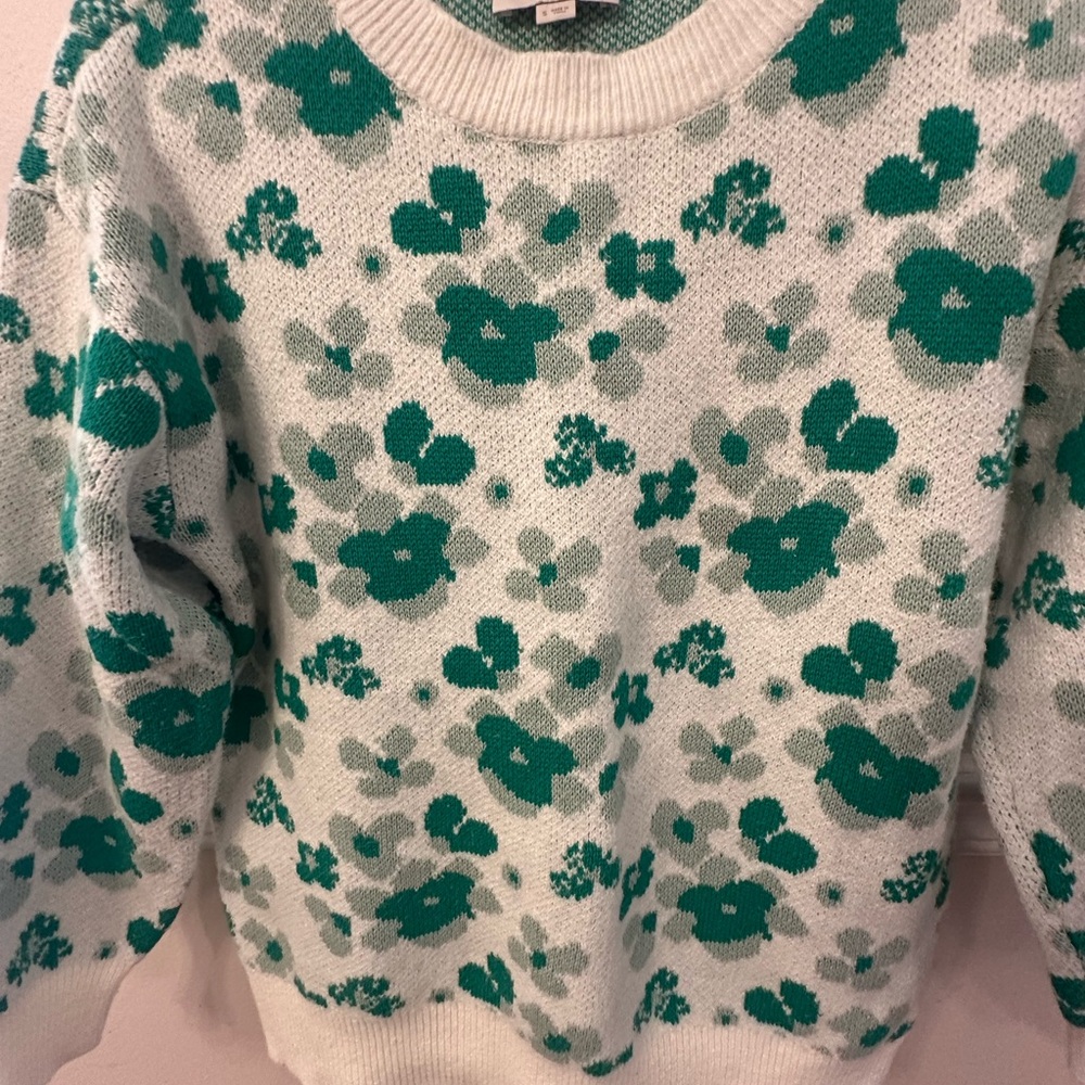 Loft Women’s Floral Crewneck Sweater in Green and Cream